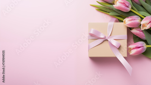 Pink tulips and gift box on pink background with copy space