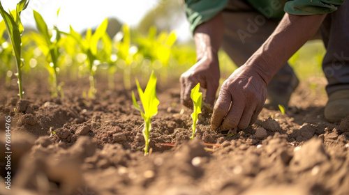 A man is planting a seedling in the dirt. Concept of growth and nurturing, as the man carefully places the seedling in the soil. The act of planting a seedling symbolizes the beginning of a new life