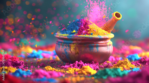 Vibrant Holi Festival Colors Exploding from Traditional Pot