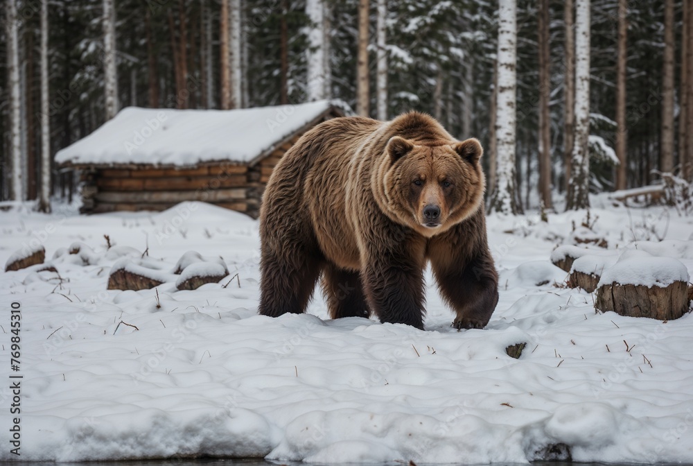 Bear in the forest in winter with a hut in the background Bear in the forest in winter with a hut in the background