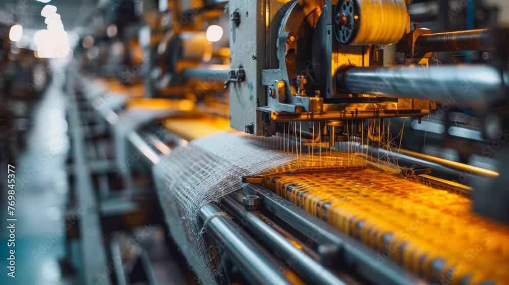 Fototapeta premium a Textile manufacturing where robots workers winding thread, sewing, stripping