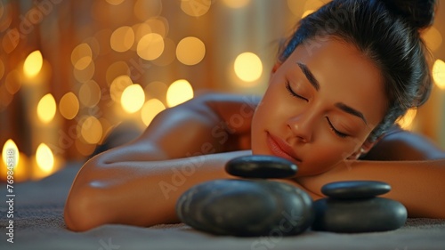Lady lying on massage table and receiving hot stone massage