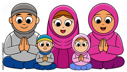 Prayer Time Muslim Family Flat Vector Icon 