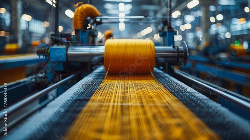 a Textile manufacturing where robots workers winding thread, sewing, stripping photo
