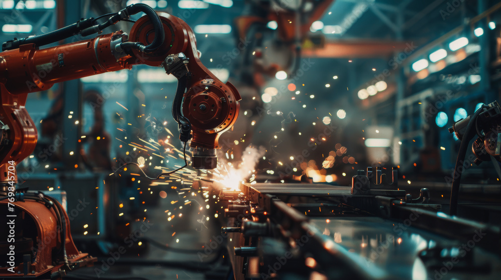 In the factory, the AI robotic arm skillfully welds steel components, creating sparks that illuminate the manufacturing floor In the factory, the AI robotic arm skillfully welds steel components, creating sparks that illuminate the manufacturing floor