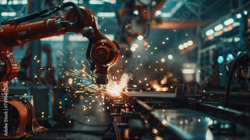In the factory, the AI robotic arm skillfully welds steel components, creating sparks that illuminate the manufacturing floor photo