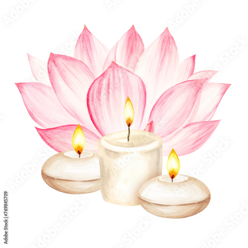 watercolor burning white candles with fire and pink tropical lotus flower  illustration for cozy interior  spa and yoga salons isolated on white background