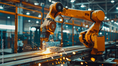 In the factory, the AI robotic arm skillfully welds steel components, creating sparks that illuminate the manufacturing floor © Na-No Photos