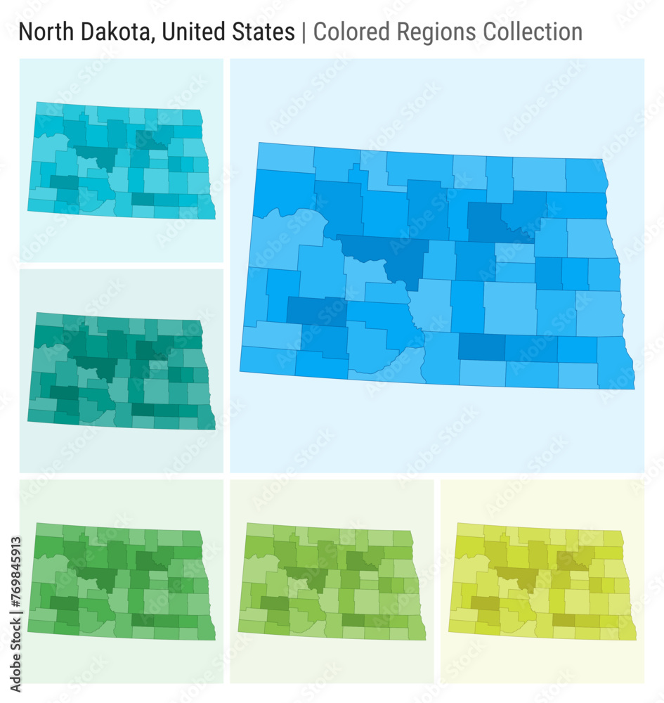 North Dakota, United States. Map collection. State shape. Colored ...