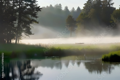 "Misty Mornings": Photograph the ethereal beauty of early morning mist enveloping a tranquil lake or meadow. © kashif