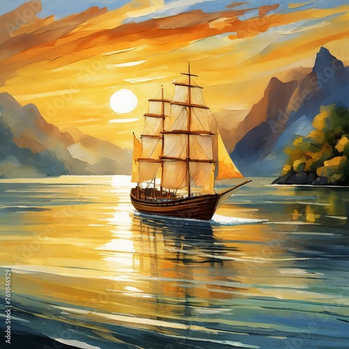 a serene poster showcasing a ship gliding gracefully through calm waters at sunset. Use warm, golden tones and soft brushstrokes to evoke a sense of tranquility and nostalgia, creating a peaceful scen