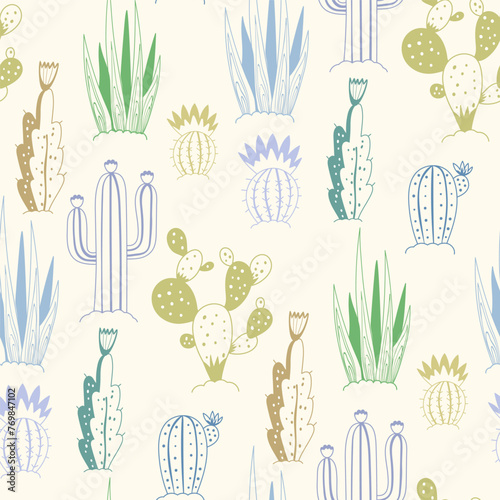 Various cacti grow in the desert.Vector repeating texture, Mexican cacti.Seamless pattern.