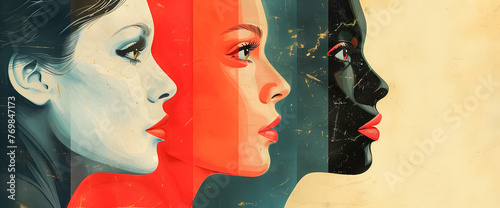 3 different women's faces, retro style poster, diversity feministic banner. Black, red, beige monochrome colors. photo