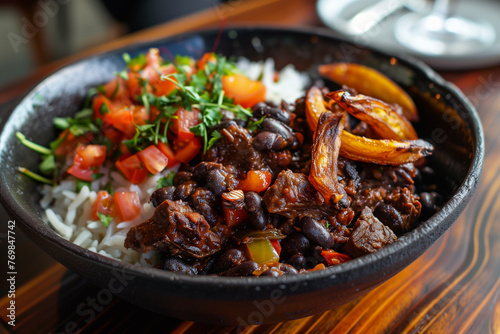 Pabellon Criollo dish featuring rice, black beans, tender beef, and sweet fried plantains. Venezuelan dish. photo