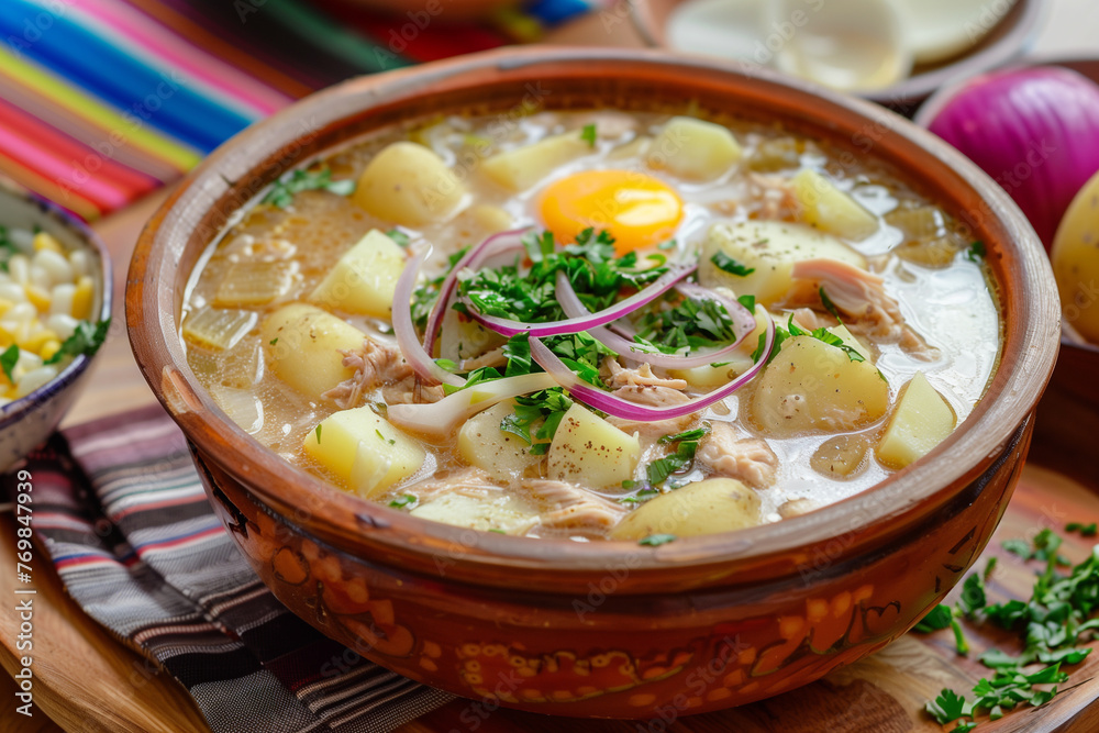 Andean Soup pisca Andina it consists of potatoes, milk, egg, Fresh cheese and is flavored with cilantro close-up in a bowl on the table. Andean Soup pisca Andina it consists of potatoes, milk, egg, Fresh cheese and is flavored with cilantro close-up in a bowl on the table.