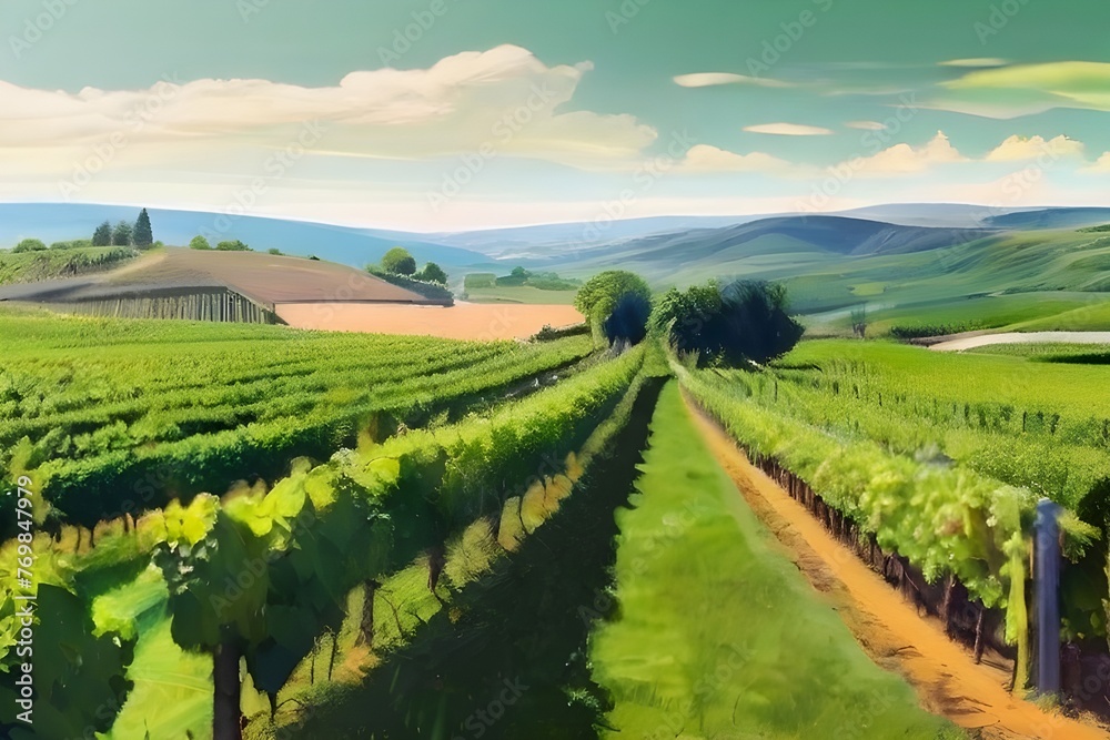 Green fresh outdoor nature farm countryside vineyard landscape background. Graphic Art  Generative  AI