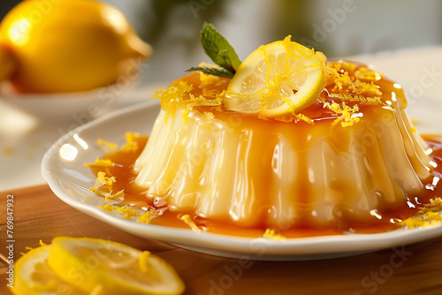 Lemon panna cotta dessert with fresh lemon. Citrus dessert.