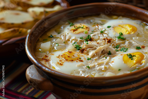 Andean Soup pisca Andina it consists of potatoes, milk, egg, Fresh cheese and is flavored with cilantro close-up in a bowl on the table. photo