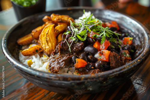 Pabellon Criollo dish featuring rice, black beans, tender beef, and sweet fried plantains. Venezuelan dish. photo