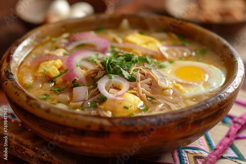 Andean Soup pisca Andina it consists of potatoes, milk, egg, Fresh cheese and is flavored with cilantro close-up in a bowl on the table. photo