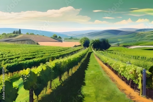 Green fresh outdoor nature farm countryside vineyard landscape background. Graphic Art Generative AI