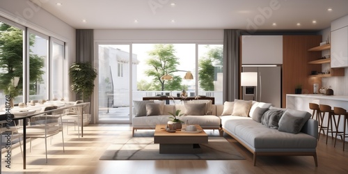A sleek and sophisticated townhome exterior design complementing a modern living room interior, featuring sleek finishes, minimalist furnishings, and a welcoming ambiance, all skillfully portrayed in 