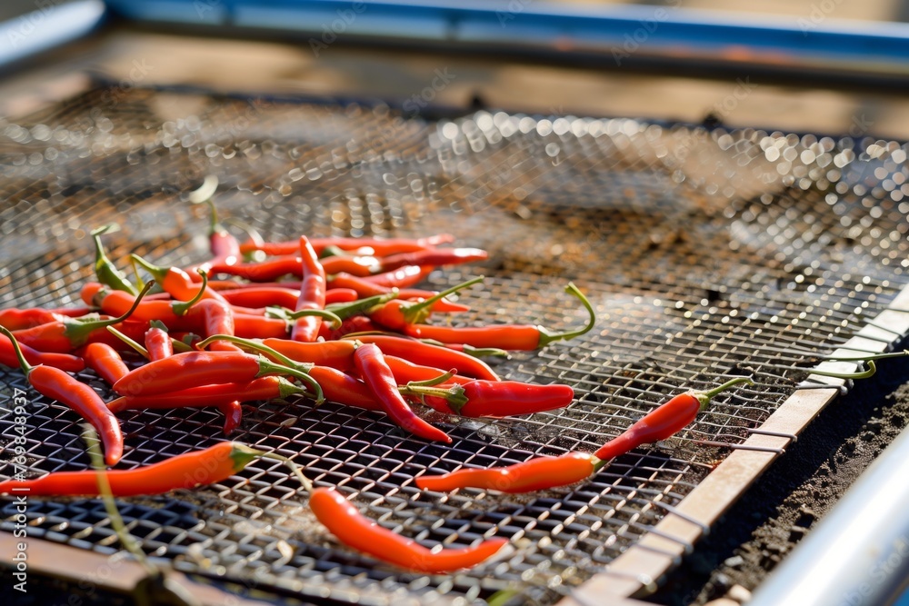 chili peppers drying in the sun on a mesh rack - obrazy, fototapety, plakaty 