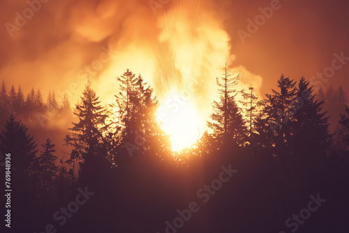 A nuclear explosion in a forest, the trees silhouetted against the bright flash of the explosion.