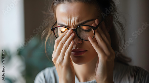 Close up exhausted woman massaging eyelids, taking off glasses, tired freelancer or student suffering from eyestrain or dry eye syndrome, feeling dizziness or headache after long hours work photo