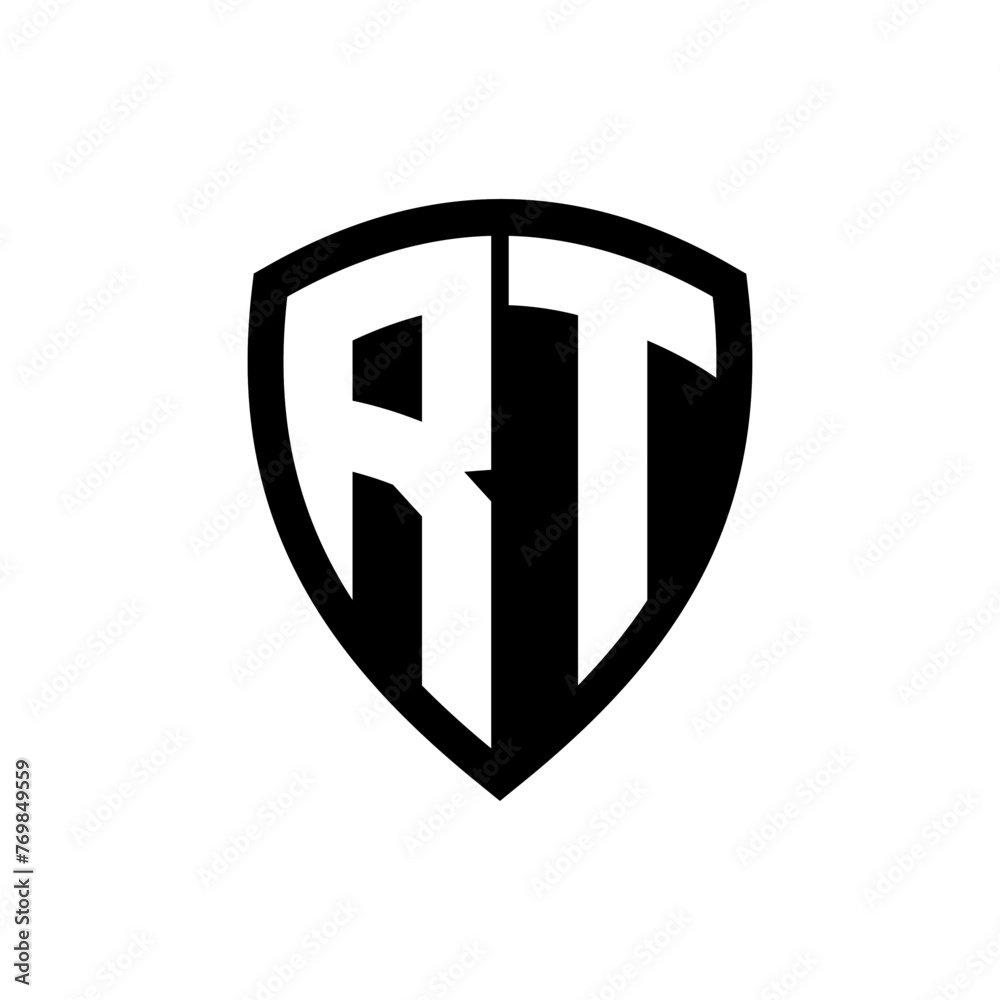 RT monogram logo with bold letters shield shape with black and white color design RT monogram logo with bold letters shield shape with black and white color design
