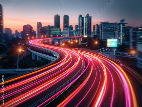 A city street with a long  curving road with cars driving down it. The cars are leaving streaks of light in their wake  creating a sense of motion and energy