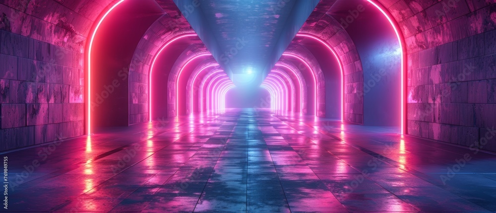 The Shadowed Spectrum: Exploring 3D futuristic sci-fi empty space pathways decorated with neon purple and black light strips in cyberpunk colors - obrazy, fototapety, plakaty 