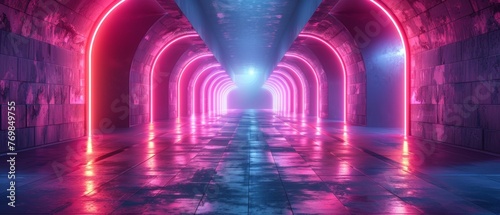 The Shadowed Spectrum: Exploring 3D futuristic sci-fi empty space pathways decorated with neon purple and black light strips in cyberpunk colors