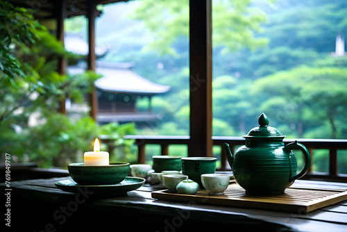Tranquil Vistas: Gazing Upon Ancient Architecture from a Japanese Veranda