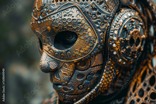 A close-up shot of a hacker wearing a unique, stylized mask. The focus is on the intricate details of the mask, creating an abstract and captivating image