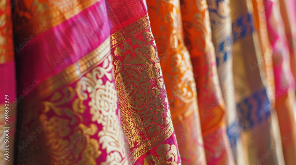Collection of colorful silk sarees hanging in a row, portraying the diversity of patterns and the art of Indian weaving