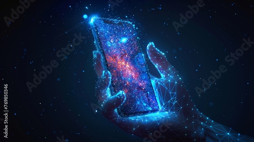 Hand holding a phone, abstract low-poly wireframe technology illustration. Blue color with stars. Screen of the device and palm of the hand. Concept of gadgets and devices.