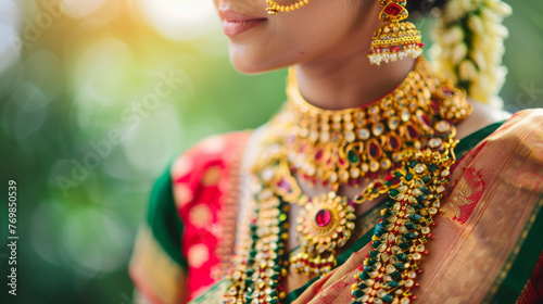 An exquisite close-up showcasing the intricate design and vibrant colors of traditional Indian bridal jewelry with focus on craftsmanship