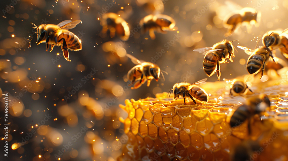 Bees On Honeycomb Background - obrazy, fototapety, plakaty 