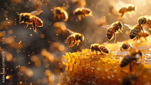 Bees On Honeycomb Background © Prayoga
