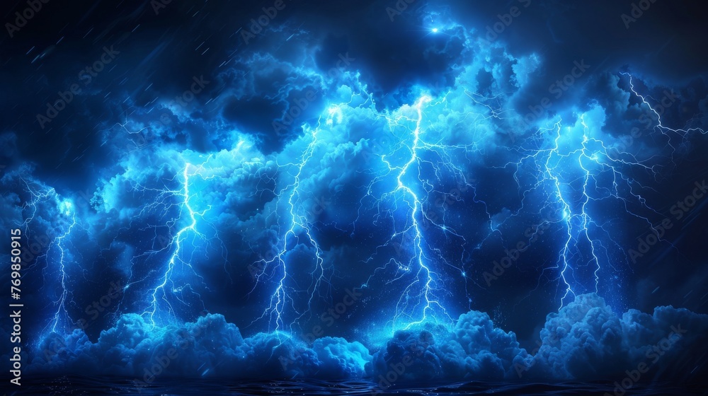 Electric thunderbolt strike with blue color during night storm, impact, crack, magical energy flash. Isolated on black background.
