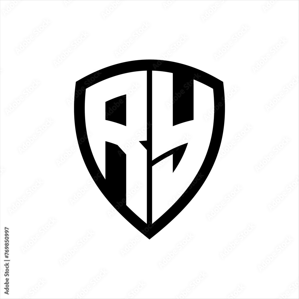 RY monogram logo with bold letters shield shape with black and white color design