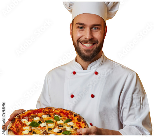 Chef Holding Pizza. Transparent Background PNG