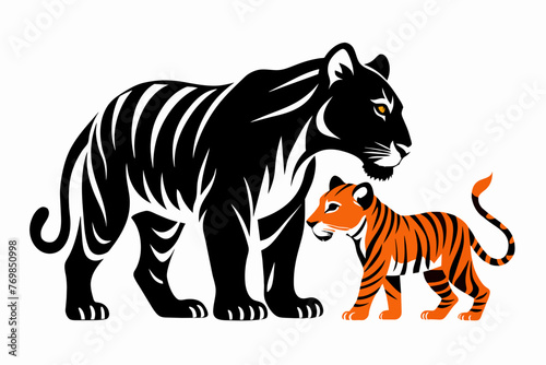 A baby tiger  and heh mother eating silhouette on white background © Chayon Sarker