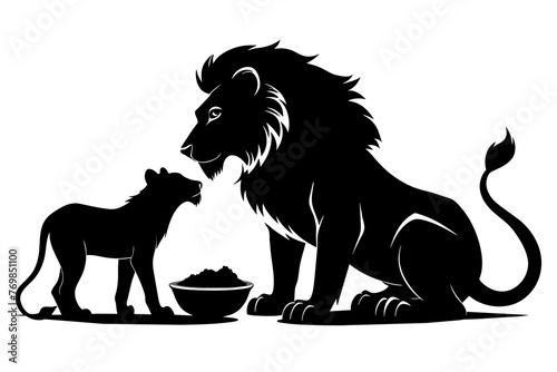 A Baby lion and heh mother  eating black silhouette on white background 
