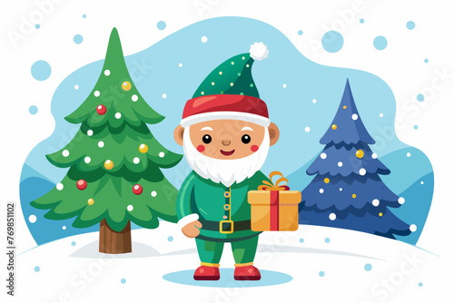 isolated on white clean background, cute smile young fat gnome on snowy January with gift with christ mas tree