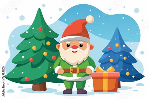 isolated on white clean background, cute smile young fat gnome on snowy January with gift with christ mas tree