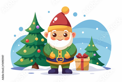 isolated on white clean background, cute smile young fat gnome on snowy January with gift with christ mas tree