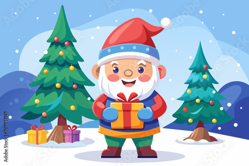 isolated on white clean background, cute smile young fat gnome on snowy January with gift with christ mas tree
