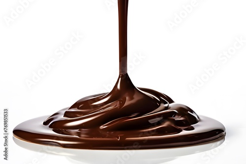 Melted hot chocolate flowing against a white background